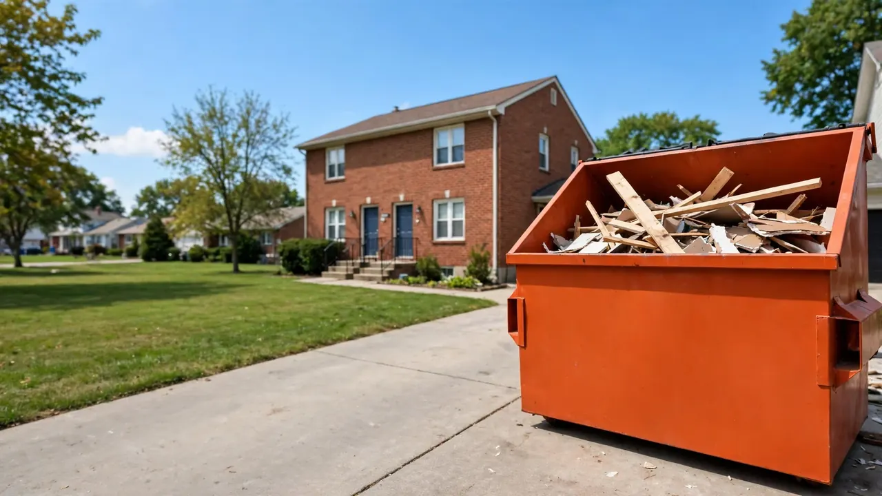 Orange roll-off dumpster filled with lumber and renovation debris on the driveway of a Chicago brick two-flat